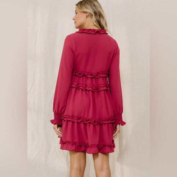 ODDY rose wine long sleeve ruffle tiered dress size small - Picture 2 of 8